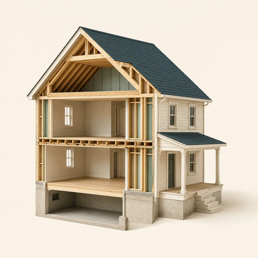 Conceptual cutaway model of a home, showing the roof, wood framing, floors, and foundation.